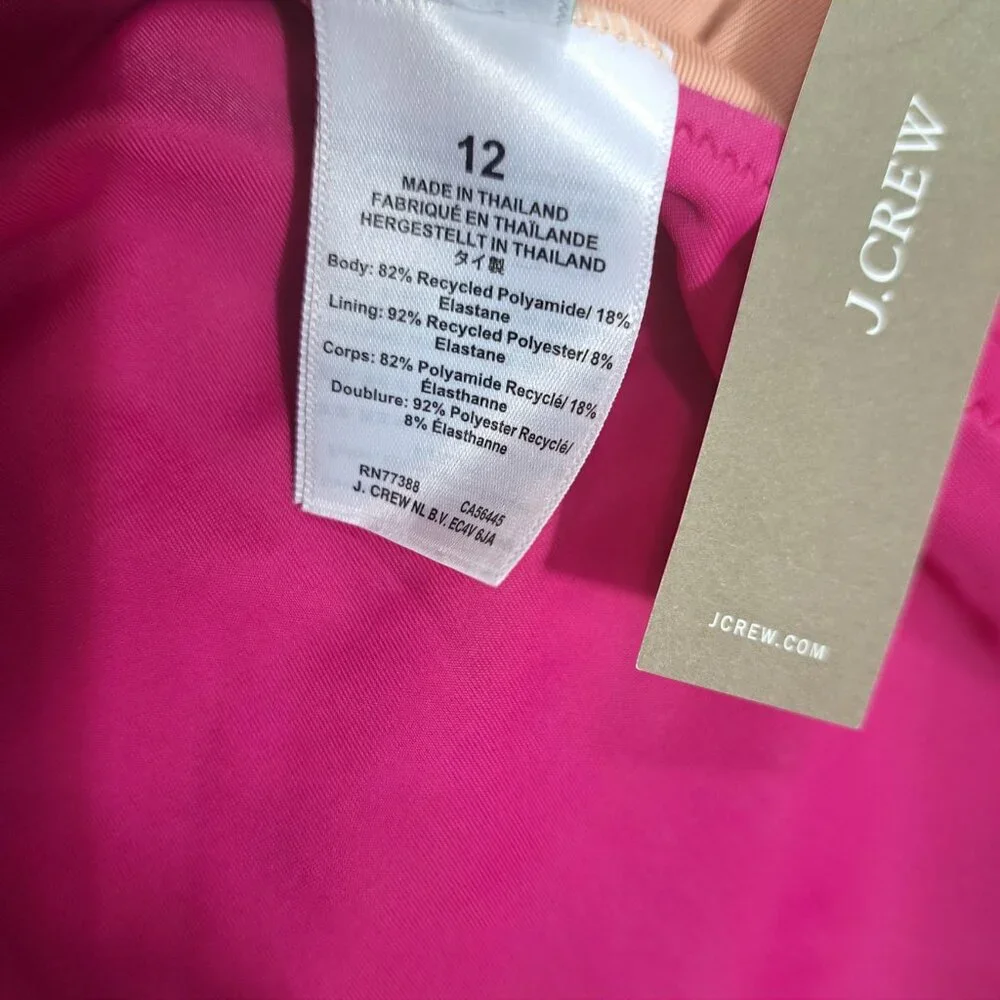 J. Crew One Piece Swimsuit SIze 12 Ruched V Neck Ruffled‎ Hot Pink Fuchsia New